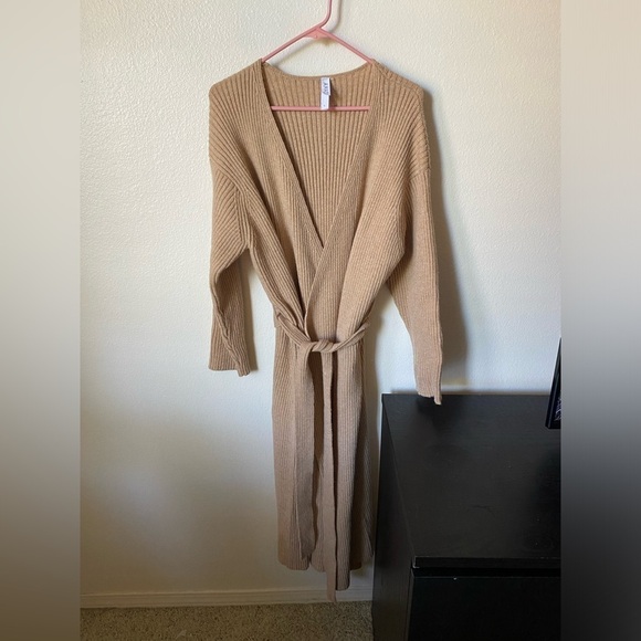 Amadi Anthropologie Women’s Alma Cozy Cardigan Ribbed Belted Tan Size L - Picture 3 of 10